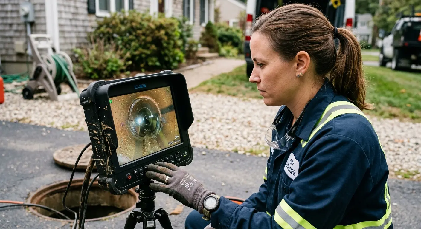 Technician reviewing sewer camera inspection footage in Lakemoor