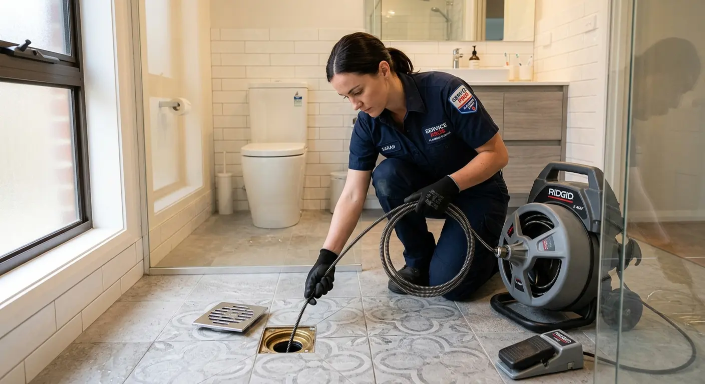 Technician clearing a bathroom floor drain for Sewer Line Replacement in Lakemoor